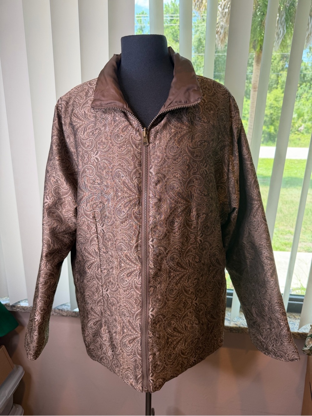 Centigrade Brown Paisley Zip-Front Reversible Tapestry Jacket Size XL
